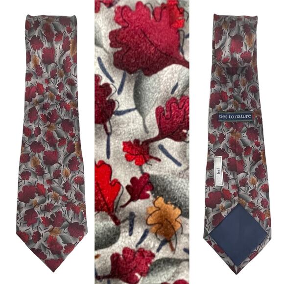 Ties To Nature Other - Ties to Nature " Leaf " Mens Neck Tie 100% Silk Autumn Fall Grey Gray Red Orange